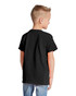A black youth short sleeve t-shirt displayed from the back, featuring a logo on the upper back area.
