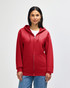 A red Gildan Heavy Blend adult full zip hooded sweatshirt features a front zipper and two side pockets.