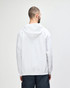 A white Gildan Heavy Blend adult full zip hooded sweatshirt viewed from the back, featuring a hood and a logo.