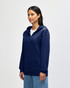 A navy blue Gildan Heavy Blend adult full zip hooded sweatshirt with a front zipper and a logo.