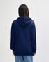 A navy blue full zip hooded sweatshirt with a front zipper and a hood, displayed on a model.