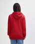 A red Gildan Heavy Blend adult full zip hooded sweatshirt with a hood, viewed from the back.