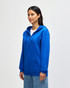 A blue Gildan Heavy Blend adult full zip hooded sweatshirt with a front pocket and a logo.