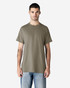 A man is wearing a khaki Gildan Ultra Cotton adult T-shirt, paired with light blue jeans. The shirt has a logo.