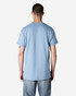 A light blue adult T-shirt, featuring a simple design and a logo on the back.