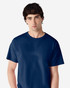 A navy blue Gildan Ultra Cotton adult T-shirt displayed on a model. The shirt has short sleeves and a crew neckline.