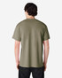 A back view of a Gildan Ultra Cotton adult T-shirt in olive green. The shirt features a simple design and has a logo.