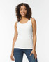 A white Gildan Softstyle ladies' tank top displayed on a model, featuring a fitted design and a round neckline.