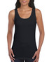 A black ladies' tank top with a scoop neck and a fitted style, styled on a model. It features a logo.