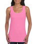 A pink ladies' tank top featuring a scoop neckline and a fitted design. It has a logo on the garment.