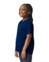 A youth short sleeve t-shirt in navy blue, featuring a simple design and a logo. The model is smiling while wearing it.