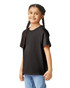 A black Gildan Youth Softstyle short sleeve T-shirt worn by a girl with braids, standing casually.