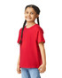 A red youth short sleeve T-shirt is displayed on a smiling child with braided hair. The shirt has a logo.
