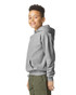 A youth grey hooded sweatshirt featuring a kangaroo pocket and a logo on the front, modelled by a smiling child.