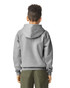 A grey youth hooded sweatshirt with a large hood, shown from the back. The model is wearing green shorts.