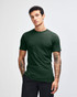 A dark green unisex fine jersey short sleeve T-shirt displayed on a model, featuring a branding logo.