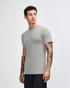 A grey unisex short sleeve t-shirt is displayed, featuring a simple design and a logo.
