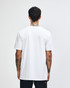 A white unisex short sleeve t-shirt, featuring a simple design and a logo on the back.