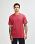A unisex CVC short sleeve t-shirt in a burgundy colour, featuring a model wearing it and a plain design.