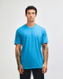 A blue unisex short sleeve T-shirt displayed on a model against a plain background, featuring a logo.