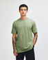 A plain green unisex CVC short sleeve T-shirt displayed on a model, featuring a subtle logo.
