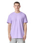 A lilac unisex CVC short sleeve T-shirt displayed on a model. The shirt features a simple design and has a logo.