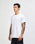 A white unisex CVC short sleeve T-shirt displayed on a model, featuring a simple design and a logo.