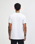 A unisex short sleeve T-shirt in white, featuring a simple design and a logo on the back.