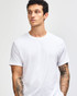 A unisex short sleeve T-shirt in white, featuring a simple design and a logo on the front.