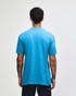 A unisex short sleeve T-shirt in bright blue with a plain back and a logo.