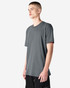 Unisex short sleeve T-shirt in grey, featuring a simple design and a branding logo.