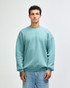 A unisex crewneck sweatshirt in a soft green hue, featuring long sleeves and relaxed fit. Contains branding.