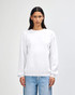 A unisex crewneck sweatshirt in white, featuring a ribbed hem and cuffs, with a logo present.