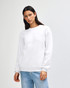 A white unisex crewneck sweatshirt with a relaxed fit, featuring long sleeves and a simple design.