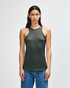A dark green women's racerneck tank top with a fitted design, featuring a logo.