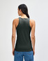 A green women's racerneck tank top with a fitted style and a logo on the back, paired with casual denim bottoms.
