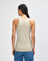 A women's racerneck tank in beige, featuring a logo on the back and a fitted silhouette.