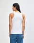 A white women's racerneck tank top, featuring a fitted design and a logo on the back.
