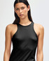 A black women's racerneck tank top with a fitted design and a subtle logo.
