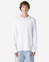 A long sleeve white t-shirt featuring a logo, styled with light blue jeans.