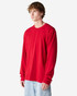 A long sleeve T-shirt in vibrant red, modelled by a person. The shirt features a logo on the front.