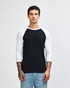 A unisex raglan T-shirt featuring black body and white sleeves, with a logo on the front.