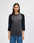 A unisex raglan t-shirt featuring a grey body and black sleeves, with a logo visible on the garment.