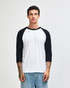 A unisex raglan T-shirt featuring a white body and black sleeves. It has a logo on the front.