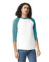 A unisex raglan t-shirt featuring a white body with teal sleeves. The model has curly hair and is wearing jeans.