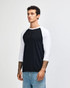 A black and white unisex raglan T-shirt featuring a logo. The shirt has three-quarter sleeves and a round neckline.