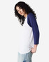 A unisex raglan T-shirt featuring white fabric with navy blue sleeves and a logo on the front.