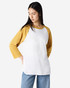 A unisex raglan t-shirt featuring yellow sleeves and a white body, with a logo on the front.