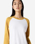 A unisex raglan T-shirt featuring yellow sleeves and a white body. It has a logo on the front.