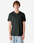 A unisex henley T-shirt in black, featuring short sleeves and a buttoned neckline, showcasing a logo.